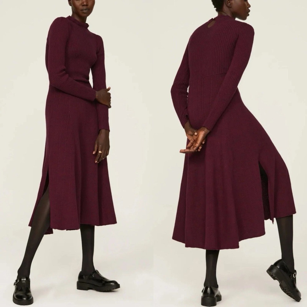 Pamela‎ Love Midi Sweater Dress Women Medium Maroon Long Sleeve A-Line Knit
